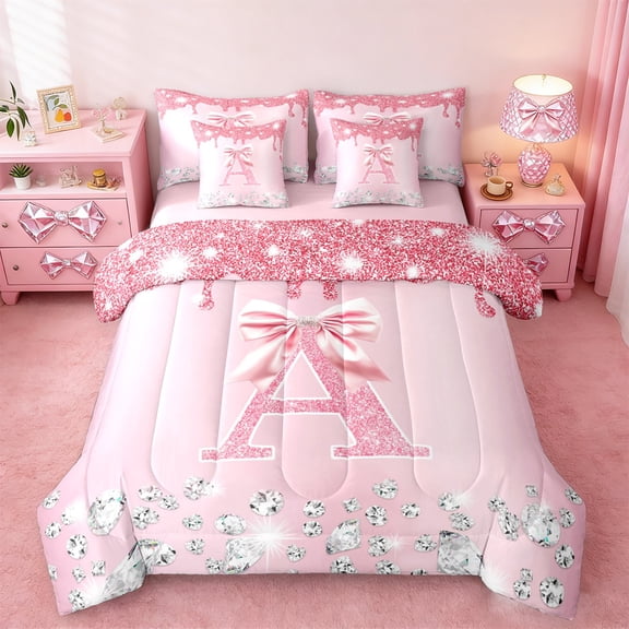 jejeloiu Bowtie Monogrammed A Twin Bedding Sets 7-Piece,Cute Girls Bowknot Bedding Comforter Set,Silver Diamond Sheet Sets For Child,Microfiber Room Decorative Reversible