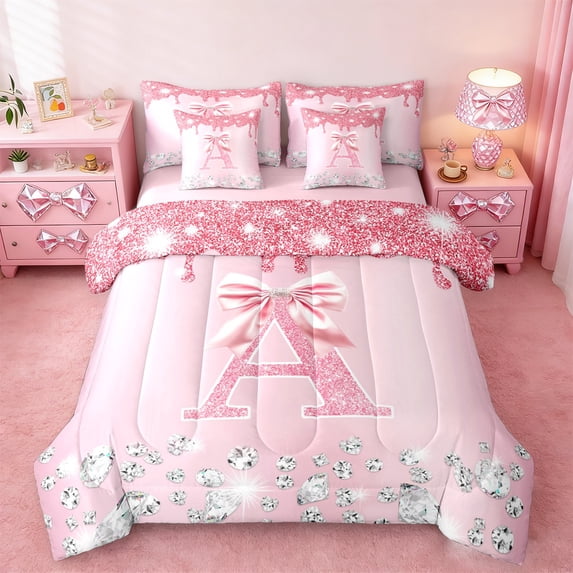 jejeloiu Bowtie Monogrammed A Twin Bedding Sets 7-Piece,Cute Girls Bowknot Bedding Comforter Set,Silver Diamond Sheet Sets For Child,Microfiber Room Decorative Reversible