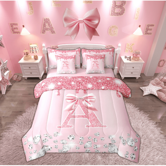 jejeloiu Bowtie Monogrammed A Twin Bedding Sets 7-Piece,Cute Girls Bowknot Bedding Comforter Set,Silver Diamond Sheet Sets For Child,Microfiber Room Decorative Reversible