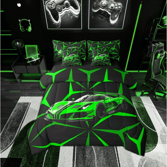 jejeloiu Boy Extreme Sport Bedding Comforter Set 7pcs,Geometrical Aesthetic Art Queen Bedding Sets,Green Black Queen Sheet Sets For Children,Super Cozy Room Decor Reversible