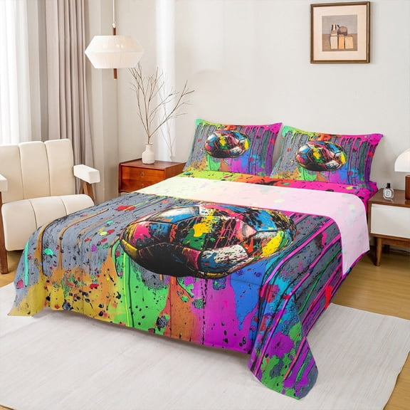 jejeloiu Boy Football Game Twin Sheet Sets,Soceer Sports Theme Twin Fitted Sheet,Rainbow Splashing Ink Flat Sheet For Girls Boys,Breathable Home Decor,3-Piece