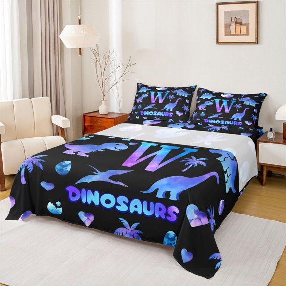 jejeloiu Boy Personalized Monogram W Bed Sheets For Kids,Ancient Dino Animal King Sheets,4pcs