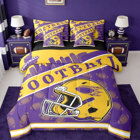 jejeloiu Boys Ball Game 7-Piece Bedding Comforter Set,Yellow Rugby Helmet King Bedding Sets For Football Lover Reversible