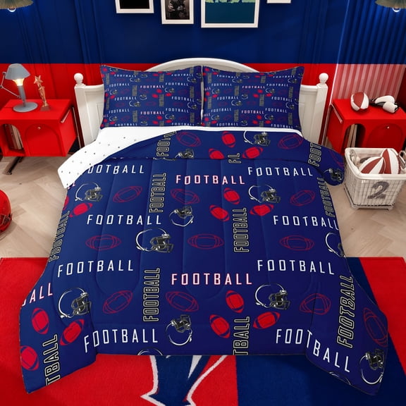 jejeloiu Boys Ball Game Full Size Comforter Sets,Football Sport Lovers Bedding Comforter Set,Deepblue Rugby Helmet Bedding Sets For Boys,Breathable Home Decor Reversible,3-Piece