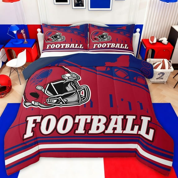 jejeloiu Boys Ball Game Queen Comforter Set,Red Rugby Helmet Bedding Comforter Set For Football Gamer Reversible 3 Pieces