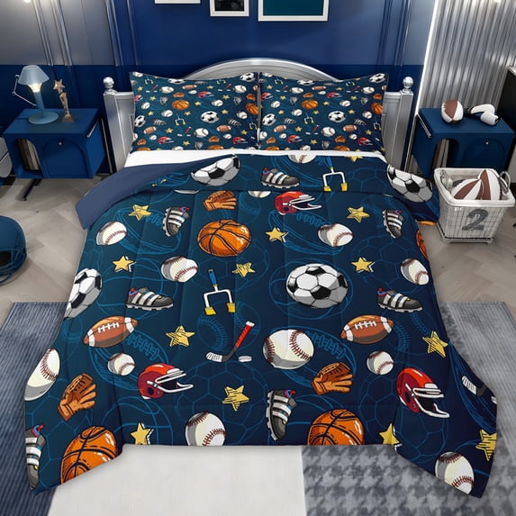 jejeloiu Boys Ball Game Twin Comforter Sets,Football Basketball Rugby Bedding Set For Boys Teens Reversible 2-Piece