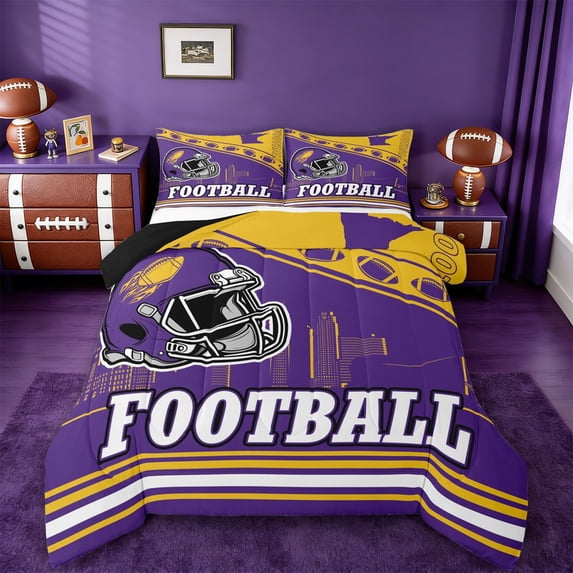 jejeloiu Boys Ball Game Twin Comforter Sets,Purple Football Helmet Bedding Set For Rugby Gamer Reversible 2pcs