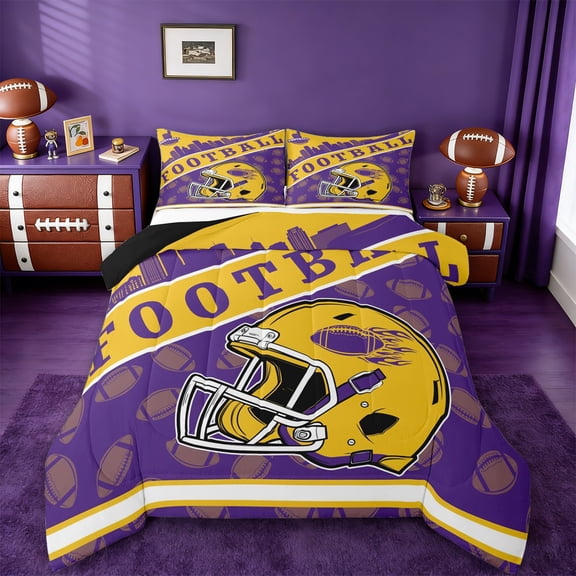 jejeloiu Boys Ball Game Twin Comforter Sets,Yellow Rugby Helmet Bedding Set For Football Lover Reversible 2 Pieces