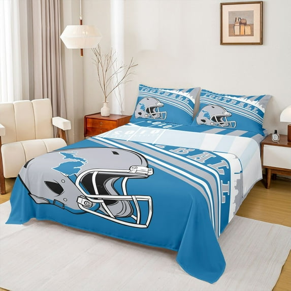 jejeloiu Boys Ball Sport Full Size Sheets,Gray Rugby Helmet Bed Sheets For Football Gamer 4pcs