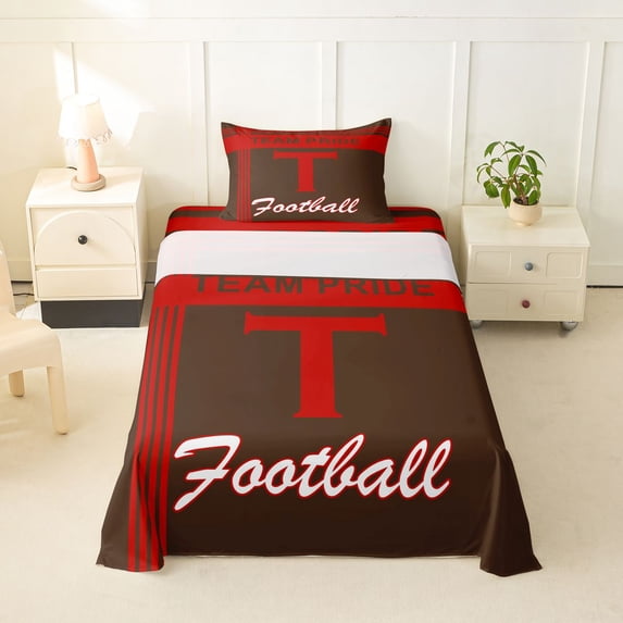jejeloiu Boys Ball Sport GamingTwin Sheet Sets For Football Gamer,Red Brown Personalized Initial T Bedding For Kids,3 Pieces