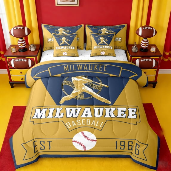 jejeloiu Boys Baseball Game Bedding Comforter Set 7pcs,Milwaukee City Queen Bedding Sets,Ball Sport Lover Queen Sheet Sets For Teens Boy,Microfiber Bedroom Decor Reversible