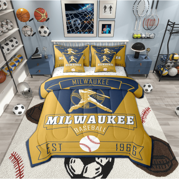 jejeloiu Boys Baseball Game Twin Bedding Sets 7-Piece,Milwaukee City Bedding Comforter Set,Ball Sport Lover Sheet Sets For Teens Boy,Microfiber Bedroom Decor Reversible
