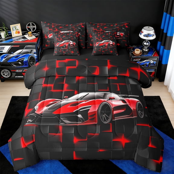 jejeloiu Boys Extreme Sport Twin Bedding Sets 7-Piece,Geometrical Aesthetic Art Bedding Comforter Set,Red Black Sheet Sets For Children,Super Cozy Room Decor Reversible