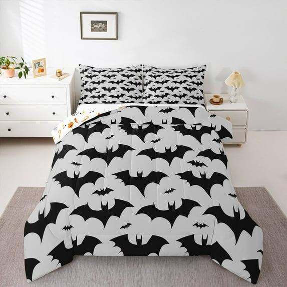 jejeloiu Boys Happy Halloween Full Size Comforter Sets,Flying Animal Bats Bedding Comforter Set,Gray Black Bedding Sets For Teens,Ultra Soft Home Decor Reversible,3pcs