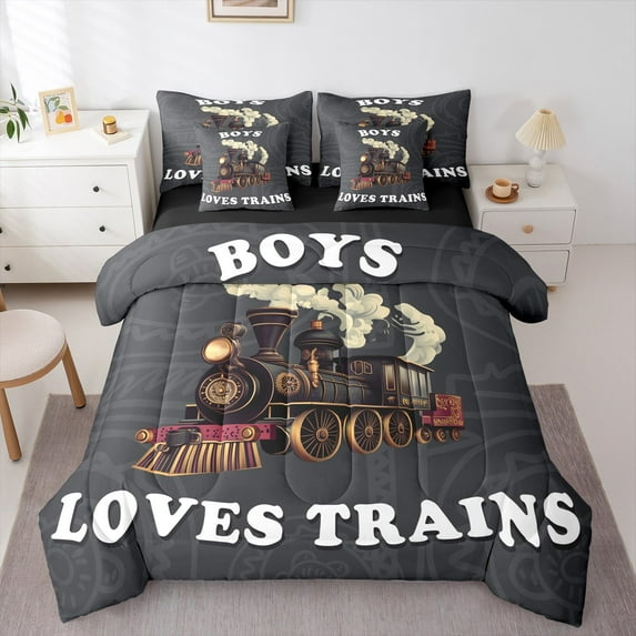 jejeloiu Boys Loves Trains Bedding Comforter Set 7pcs,Construction Vehicles Queen Bedding Sets,Black White Queen Sheet Sets For Teens,Super Cozy Room Decor Reversible