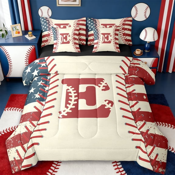 jejeloiu Boys Personalized Gifts 7-Piece Twin Bedding Sets,First Letter E Bedding Comforter Set For Baseball Gamer Reversible
