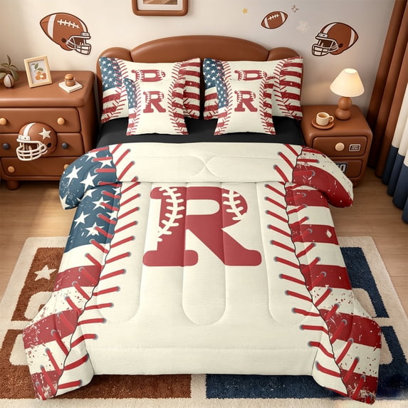 jejeloiu Boys Personalized Gifts 7 Pieces Bedding Comforter Set,First Letter R Full Bedding Set For Baseball Gamer Reversible