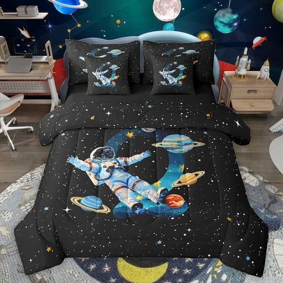 jejeloiu Boys Personalized Gifts 7pcs Bedding Comforter Set,Watercolor Letter Q Queen Bedding Sets,Outer Space Theme Queen Sheet Sets For Boy,Lightweight Room Decoration Reversible