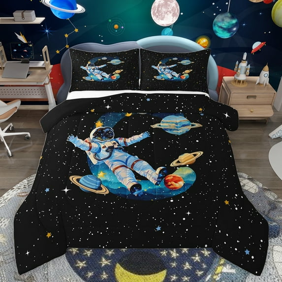 jejeloiu Boys Personalized Gifts Bedding Comforter Set,Watercolor Letter C Twin Comforter Sets,Outer Space Theme Bedding Set For Boy,Lightweight Room Decoration Reversible,2pcs