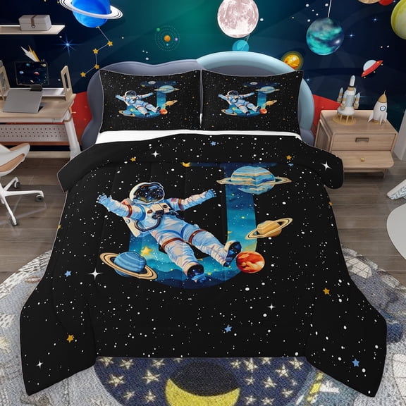 jejeloiu Boys Personalized Gifts Bedding Comforter Set,Watercolor Letter J Twin Comforter Sets,Outer Space Theme Bedding Set For Boy,Lightweight Room Decoration Reversible,2-Piece