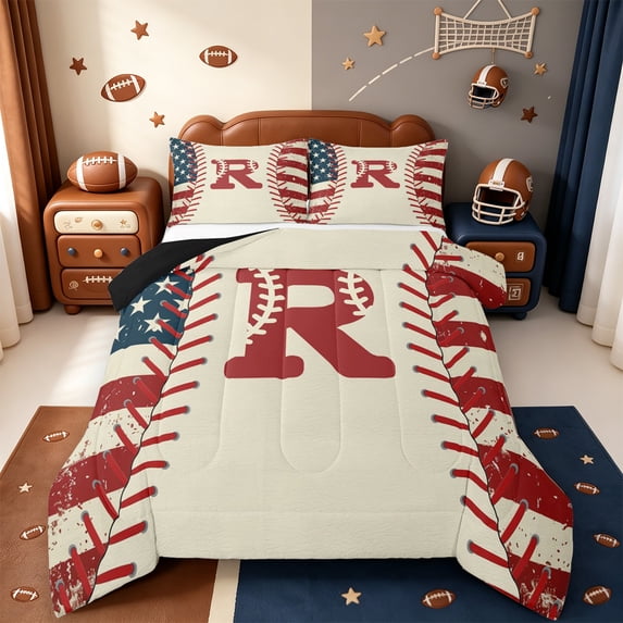 jejeloiu Boys Personalized Gifts Queen Comforter Set,First Letter R Bedding Comforter Set For Baseball Gamer Reversible 3 Pieces