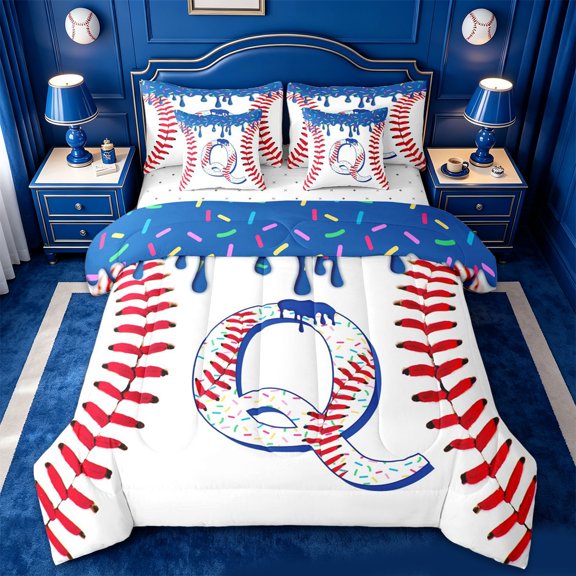 jejeloiu Boys Personalized Initial Q 7-Piece Twin Bedding Sets For Kids,Baseball Sport Games Bedding Comforter Set For Ball Lovers,Reversible