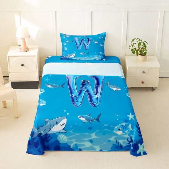jejeloiu Boys Personalized Initial W Twin Sheet Sets For Kids Gifts,Ocean Animal Shark Bedding,3pcs