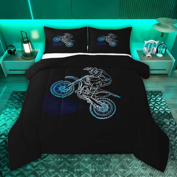 jejeloiu Boys Race Games Queen Comforter Set,Extreme Motorcycle Lovers Bedding Comforter Set For Teens Reversible 3-Piece