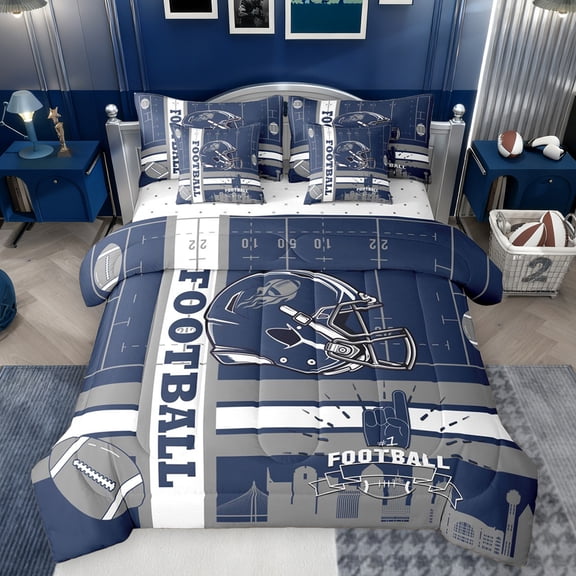 jejeloiu Boys Sport Game 7-Piece Twin Bedding Sets,Rugby Football Gamer Bedding Comforter Set,Gray Blue Sheet Sets For Boys,Ultra Soft Home Decor Reversible