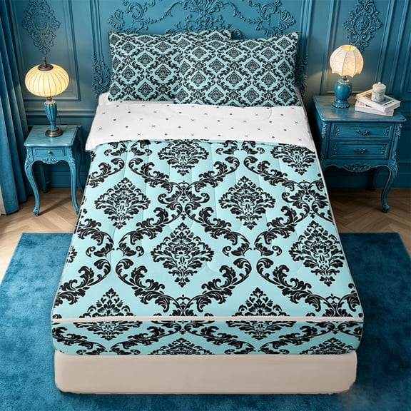 jejeloiu Bright Damask Zipper Twin Comforter Sets with Fitted Sheet and 2 Pillowcases For Girls,Floral Pattern Zipper Bedding Set,Black Cyan,Reversible,4-Piece