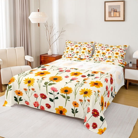 jejeloiu Bright Floral Bed Sheets For Girls,Cheerful Sunflower Full Size Sheets,Yellow Pink White,4pcs,1 Flat Sheet, 1 Fitted Sheet and 2 Pillowcases