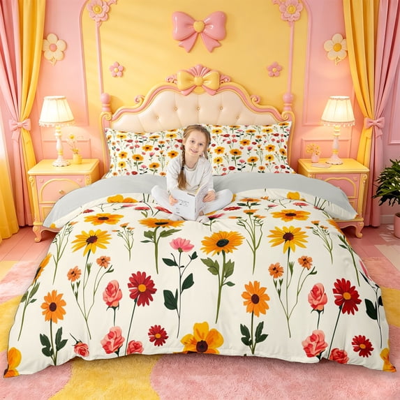 jejeloiu Bright Floral Bedding For Girls,Cheerful Sunflower Duvet Cover Full,Yellow Pink White,Light Gray Reversible,3pcs,1 Duvet Cover and 2 Pillowcases