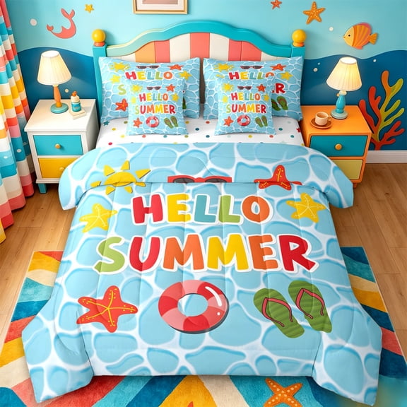 jejeloiu Bright Hello Summer 7-Piece Twin Bedding,Pool Party Flip Flop Bedding Comforter Set For Boys,Light Blue,Polkadot Reversible