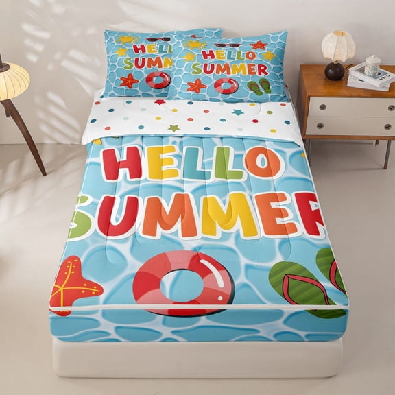 jejeloiu Bright Hello Summer Zipper Twin Comforter Sets with Fitted Sheet and 2 Pillowcases,Pool Party Flip Flop Zipper Bedding Set For Boys,Light Blue,Polkadot Reversible,4 Pieces