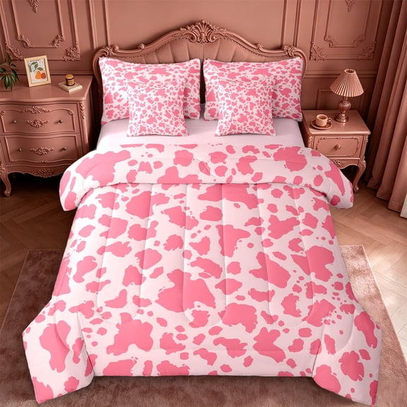 jejeloiu Bright Pink Cow Print 7-Piece Twin Bedding Sets Kids,Cute Farm Animal Bedding Comforter Set For Girls,Reversible