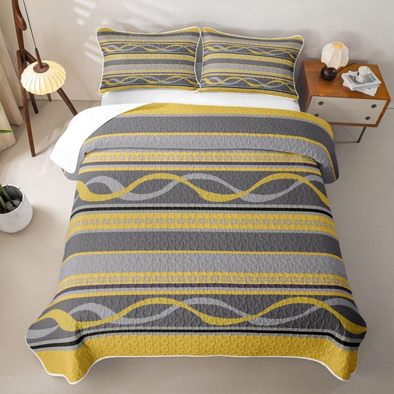 jejeloiu Bright Striped Quilt King,Sunny Print King Coverlet Set For Boys,Yellow Gray,3pcs