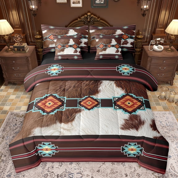 jejeloiu Brow White Cowhide 7-Piece Bedding Comforter Set,Rustic Cattle Hide King Bedding Sets,Country Farmhouse Lodge Bed Sheets For Adult,Luxury Bedroom Decor Reversible