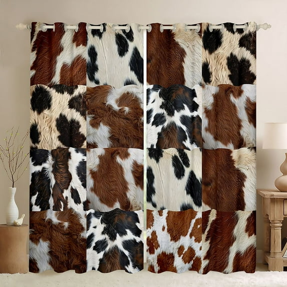 jejeloiu Brow White Cowhide Black Out Curtains,Patchwork Cattle Hide Curtains Pack of 2 (42x63 Each),Rustic Farmhouse Hunting Bedroom Curtains For Adult,Luxury Bedroom Decor
