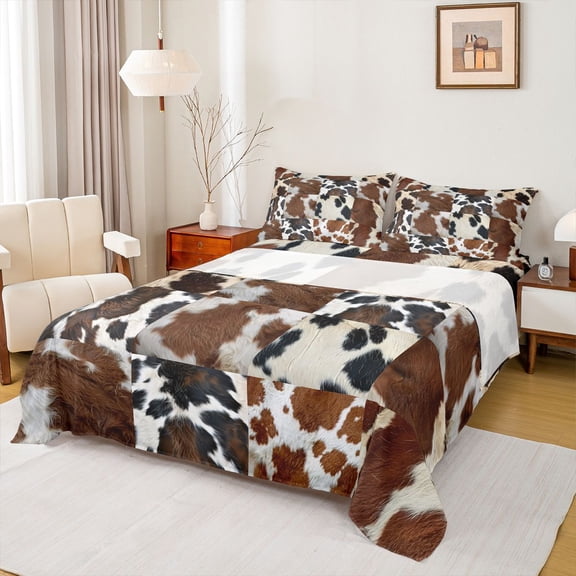 jejeloiu Brow White Cowhide Full Size Sheets,Patchwork Cattle Hide Bed Sheets,Rustic Farmhouse Hunting Sheet Sets For Adult,Luxury Bedroom Decor,4 Pieces