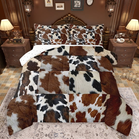 jejeloiu Brow White Cowhide Queen Comforter Set,Patchwork Cattle Hide Bedding Sets,Rustic Farmhouse Hunting Bedding Comforter Set For Adult,Luxury Bedroom Decor Reversible,3pcs