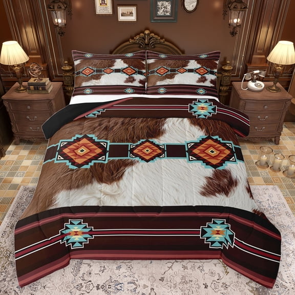 jejeloiu Brow White Cowhide Queen Comforter Set,Rustic Cattle Hide Bedding Sets,Country Farmhouse Lodge Bedding Comforter Set For Adult,Luxury Bedroom Decor Reversible,3pcs
