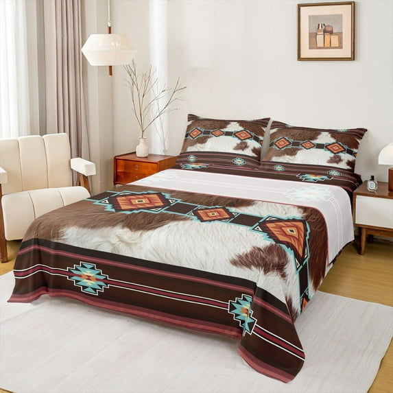 jejeloiu Brow White Cowhide Twin Sheet Sets,Rustic Cattle Hide Twin Fitted Sheet,Country Farmhouse Lodge Flat Sheet For Adult,Luxury Bedroom Decor,3-Piece