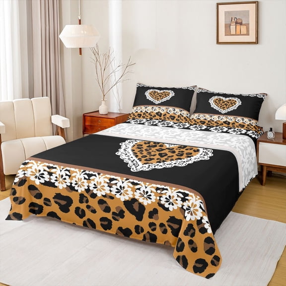 jejeloiu Brown Animals Print Bed Sheets,Chic Leopard Print King Sheets,Cheetah Pattern Heart Sheet Set For Men Women,Breathable Home Decor,4pcs