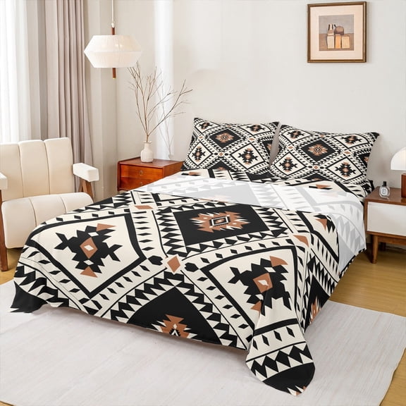 jejeloiu Brown Beige Black Queen Sheet Sets,Boho Exotic Style Flat Sheet,Rustic Aztec Rhombus Queen Fitted Sheet For Adults,Super Cozy Room Decor,4pcs