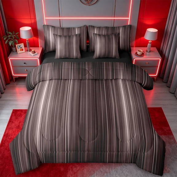 jejeloiu Brown Black Ombre Stripe 7-Piece Twin Bedding Sets Kids,Line Geometric Art Bedding Comforter Set,Reversible