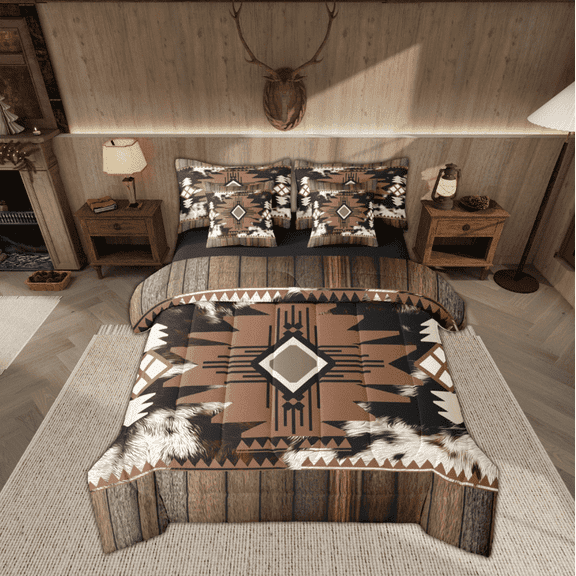 jejeloiu Brown Boho Bohemian Bedding Comforter Set 7 Pieces,Aztec Floral Full Bedding Set,Fram Cowhide Fitted Sheet Flat Sheet,Breathable Room Decorative Reversible