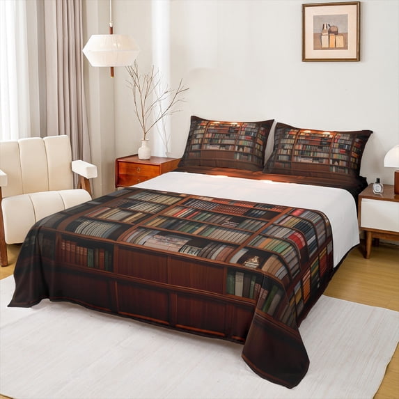 jejeloiu Brown Bookshelf Twin 3-Piece Sheet Set,Vintage Library Print