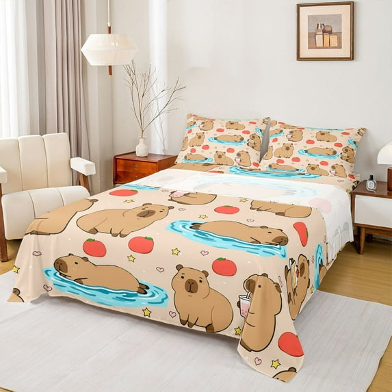 jejeloiu Brown Capybara Twin Sheet Sets,Capybara Lovers Bedding For Animals Lover 3-Piece