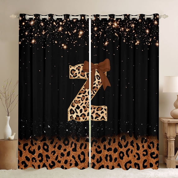 jejeloiu Brown Coquette Bow Curtains Pack of 2 (42x84 Each) For Girls,Leopard Monogrammed Z Curtains Blackout For Kids