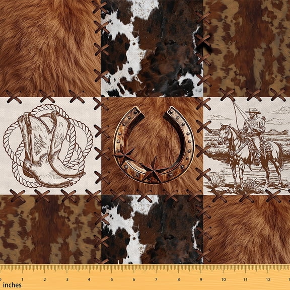 jejeloiu Brown Cow Hidet Fabric by the Yard 1 Yard,Western Farm Cowboy Home Decor Fabric by the Yard,Retro Rustic Horseshoe Sewing Fabric For Boys Kids,Breathable Home Decor